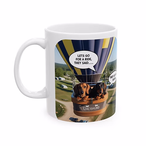 Doxie Hot Air Balloon Mug- Coffee Lovers, Travelers, Unique, Quirky, Dog Gift