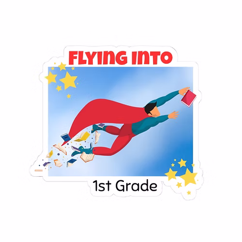 Flying into 1st Grade Stickers, Fun Trendy Back to school Unique Hero Confident